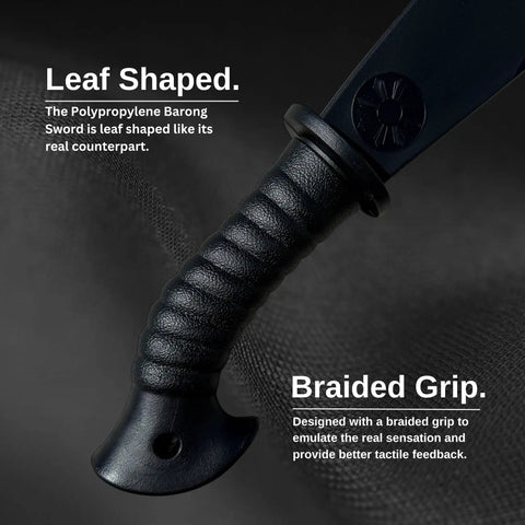 Durable Polypropylene Barong Style Black Sword For Training With Realistic Balance and Safe Sparring, close-up of braided grip.