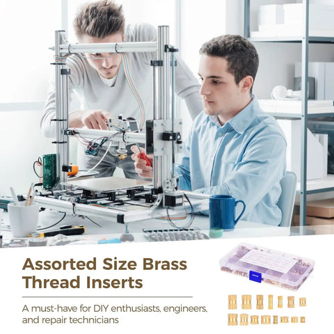 Two individuals working on a 3D printer, with a 420 Piece Brass Threaded Inserts Set M2 M3 M4 M5 Heat Set Slotted Inserts nearby.