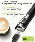 Boss Level Rechargeable Handheld Milk Frother Wand With IP67 Waterproof Build 3 Speed Settings 6000/9000/13000rpm High Power Foam Maker shown with USB-C charger
