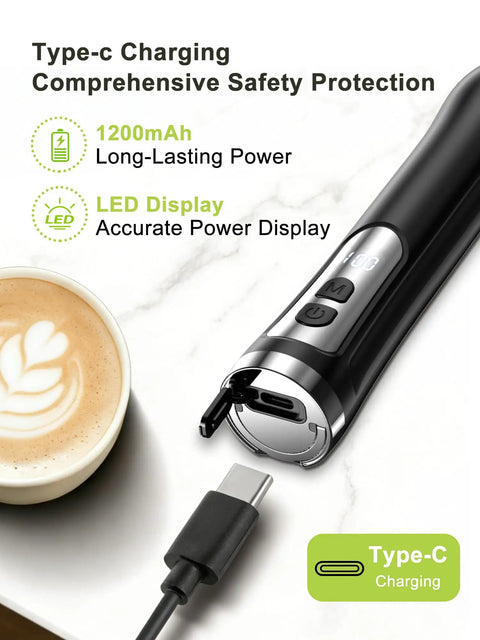 Boss Level Rechargeable Handheld Milk Frother Wand With IP67 Waterproof Build 3 Speed Settings 6000/9000/13000rpm High Power Foam Maker shown with USB-C charger