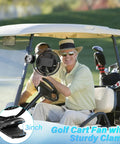Power-Packed 12000mAh Clip-On Fan With 8 Inch Blade attached to golf cart, showing heavy-duty clamp and ultra quiet operation