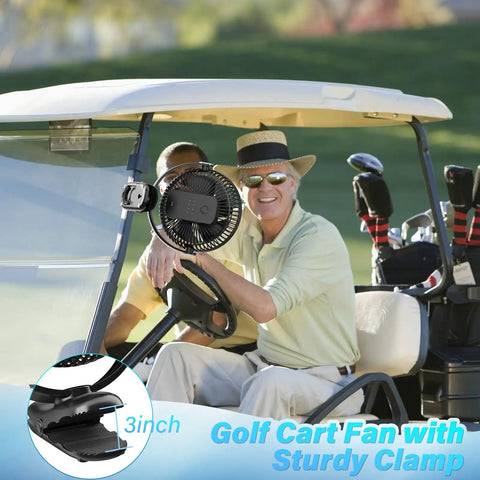 Power-Packed 12000mAh Clip-On Fan With 8 Inch Blade attached to golf cart, showing heavy-duty clamp and ultra quiet operation