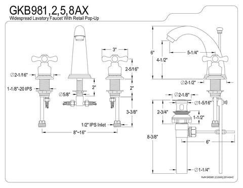 Technical blueprint of Victorian 8 Inch Widespread Lavatory Faucet With Pop Up Drain, 5 1/4 Inch Center To Center, Polished Chrome Finish