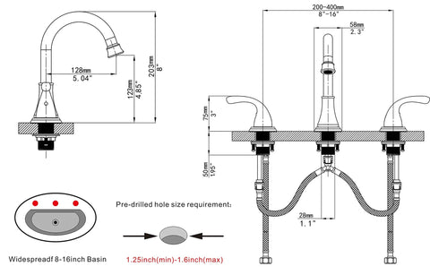 Schematic of Two Handle 3 Hole Widespread Bathroom Faucet With Pop Up Drain And Overflow, Oil Rubbed Bronze Finish, 8 Inch Spread
