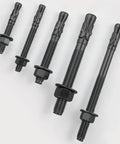 Five galvanized carbon steel wedge anchors in varying heights, part of the 10 Pack 3/8x3 Inch Beefy Heavy Duty Wedge Anchors For Concrete And Cement Galvanized Carbon Steel Rust Resistant Fasteners For Attaching Metal Plates Steel Wood To Concrete Surfaces displayed on a light background.