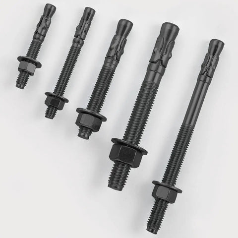 Five galvanized carbon steel wedge anchors in varying heights, part of the 10 Pack 3/8x3 Inch Beefy Heavy Duty Wedge Anchors For Concrete And Cement Galvanized Carbon Steel Rust Resistant Fasteners For Attaching Metal Plates Steel Wood To Concrete Surfaces displayed on a light background.