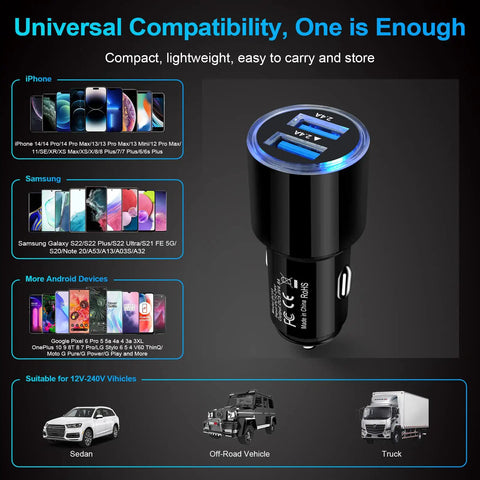 Road Ready Dual Port Usb Car Charger Two Pack Four Point Eight Amps Fast Charging Adapter for smartphones in a compact design.