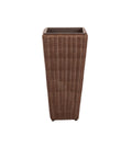 Front view of All Weather Wicker Planter Set Two Piece Mocha Outdoor Planters With Liners Tall Pots For Patio Garden Herb Display Dope Outdoor Decor Built To Last On Your Deck Or Balcony.