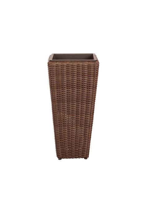 Front view of All Weather Wicker Planter Set Two Piece Mocha Outdoor Planters With Liners Tall Pots For Patio Garden Herb Display Dope Outdoor Decor Built To Last On Your Deck Or Balcony.