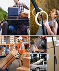 Collage showing uses of Six Pack 2.1Ft Lashing Straps With Buckle Beefy Heavy Duty Adjustable Tie Down Straps 65x2.5cm 100kg Capacity