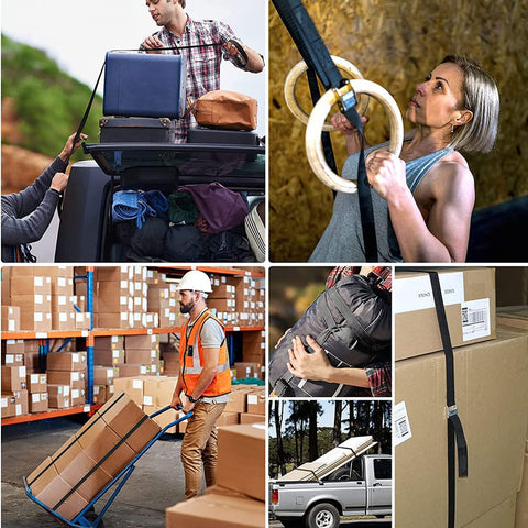 Collage showing uses of Six Pack 2.1Ft Lashing Straps With Buckle Beefy Heavy Duty Adjustable Tie Down Straps 65x2.5cm 100kg Capacity