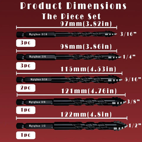 10 Piece Black Upgraded 4 Flute Serrated Carbide Masonry Drill Bit Set For Concrete Brick Tile Marble Wood Glass Plastic Cement