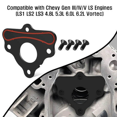 Camshaft Retainer Plate Gasket And Bolt Kit For LS And LT V8 Engines shown with bolts and installed view on engine block