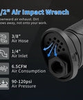 1/2" Air Impact Wrench features air hose, inlet, exhaust design for efficient dirt management and 6.5 CFM air consumption.
