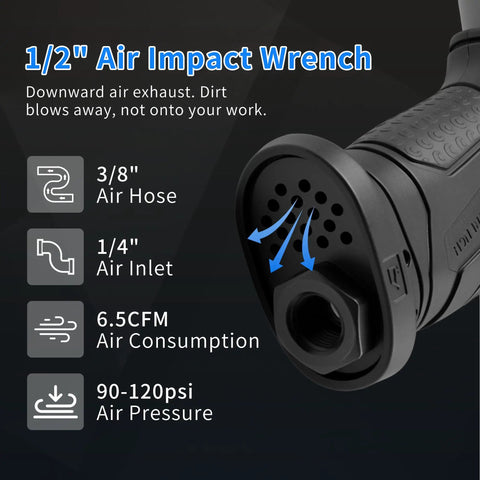 1/2" Air Impact Wrench features air hose, inlet, exhaust design for efficient dirt management and 6.5 CFM air consumption.