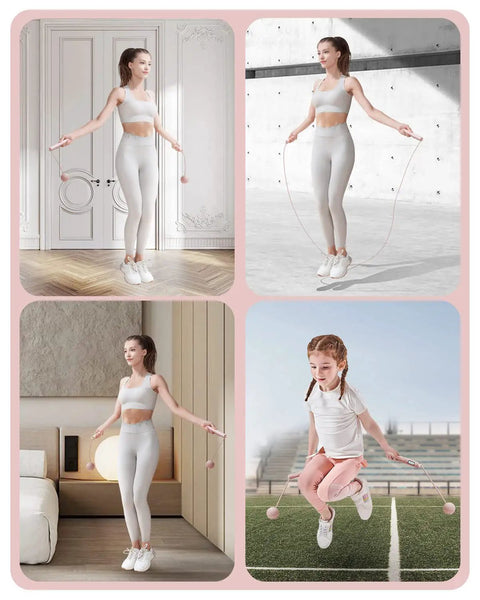Women and girl using Cordless Jump Rope With Counter And LCD Display, 2 In 1 Ropeless Jump Rope With Ball Weighted Design, Tracks Time Jumps And Calories For Women Pink Gym Ready in various settings.