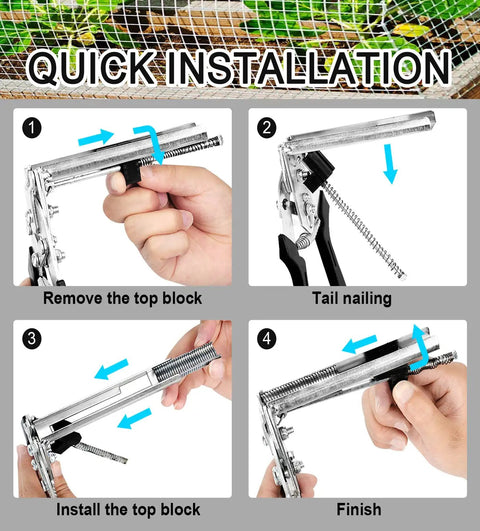 Quick installation guide for Type M Hog Ring Pliers Kit With 2400 Zinc Alloy Hog Rings For Fencing And Animal Cages.