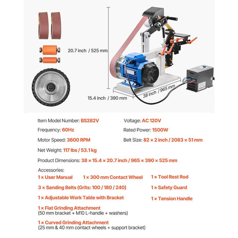 Badass 1500W Two Horsepower Belt Sander Grinder With Slick Variable Speed Dial And Versatile Three In One Setup For Metalworking And Knife Making Includes Tough Sanding Belts Plus Sturdy Tool Rest For Knockout Shop Builds with dimensions shown.