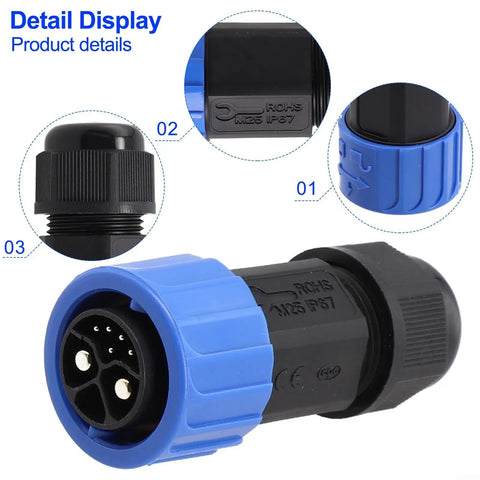 Beast Mode Waterproof M23 Connector With IP67 Rating For Outdoor Motorcycle And Ebike Charger Sockets featuring blue male plug design close-up.