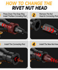 Instructional image showing how to change rivet nut heads for Cordless Rivet Nut Gun For 20V Battery Power, Pro Grade Brushless Motor.
