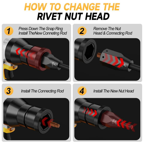 Instructional image showing how to change rivet nut heads for Cordless Rivet Nut Gun For 20V Battery Power, Pro Grade Brushless Motor.
