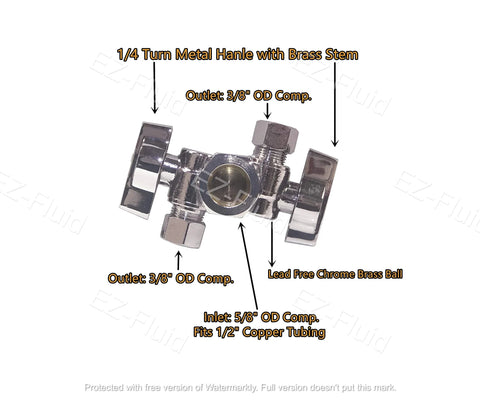 EZ-Fluid brass dual-outlet angle stop valve with two metal handles; 5/8" inlet, 3/8" compression outlets