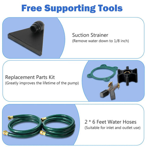Supporting tools for Compact 115V Water Transfer Pump with Suction Strainer, Parts Kit, and Two 6-Foot Hoses