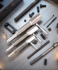 Two Pack M10 Stainless Steel Spring Loaded Retractable Indexing Plunger Pin With L Handle And Hex Nut, multiple angles displayed.