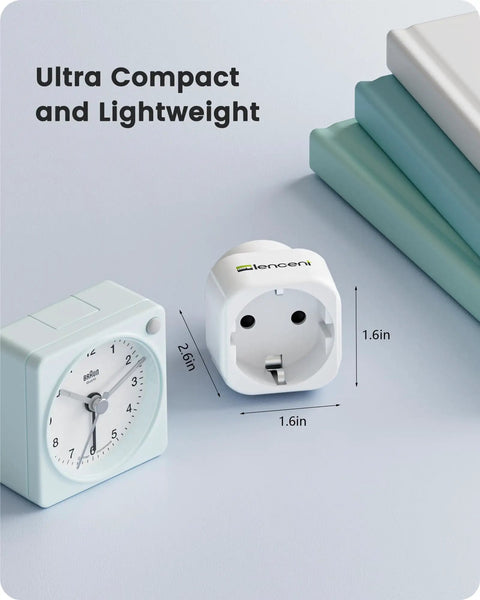 Europe to US Plug Adapter for Travel No Fuss EU to US Converter next to a clock and books, showing compact size and dimensions
