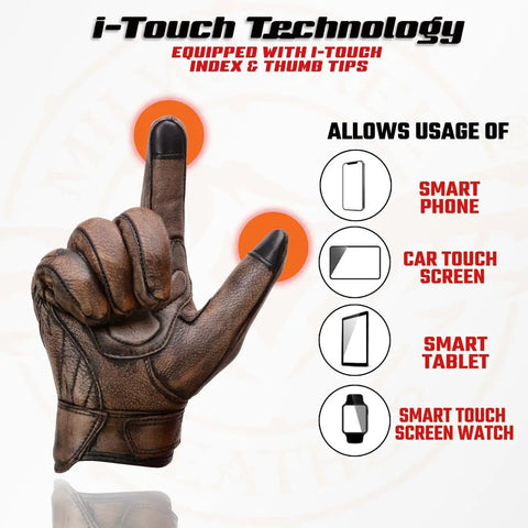 Distressed Brown Leather Gloves With Vibration-Reducing Gel Palm And Knuckle Protectors, i-Touch Technology, Large
