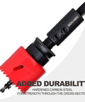 Hole saw extension chuck with red cutting head, black locking collar, 12-inch length and 1/2-inch hex shank.