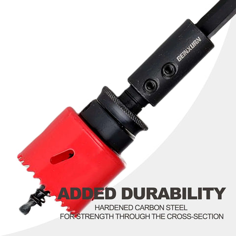 Hole saw extension chuck with red cutting head, black locking collar, 12-inch length and 1/2-inch hex shank.
