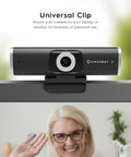 Plug And Shoot 1080P Hd Webcam With Built In Stereo Mic For Desktop Pc And Laptop showcasing universal clip on top of a monitor.