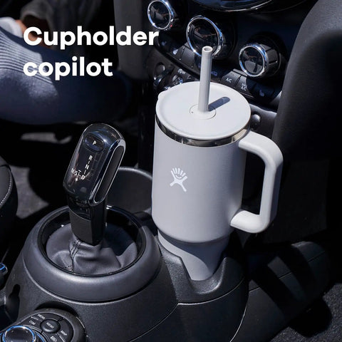 On The Fly 40 Oz Stainless Steel Travel Tumbler With Comfort Grip Handle And Leak Proof Straw Lid in car cupholder.