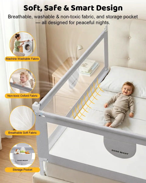 3 Piece Queen Size Toddler Bed Rails With Pocket And 360 Wraparound Protection Kidproof Lock for Safer Sleep, baby in bed