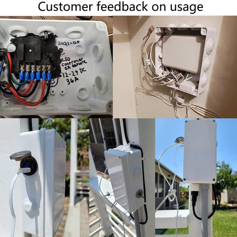 Customer feedback showing IP65 Waterproof Junction Box With Reserved Holes used outdoors for secure power cord protection.