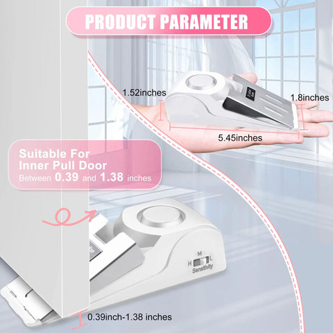 Pink 4 Pack Portable Door Locks With Door Stop Alarms dimensions and sensitivity settings shown with product detail view.