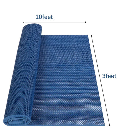 Grab This Killer Non Slip Outdoor Drainage Mat Measuring Three Feet By Ten Feet Perfect For Commercial Kitchen Floors Garage Poolside Bathroom And Restaurant Use With Awesome S Shaped Design That Drains Water Fast And Stays Super Clean. Blue PVC mat rolled out showing dimensions 3ft x 10ft.