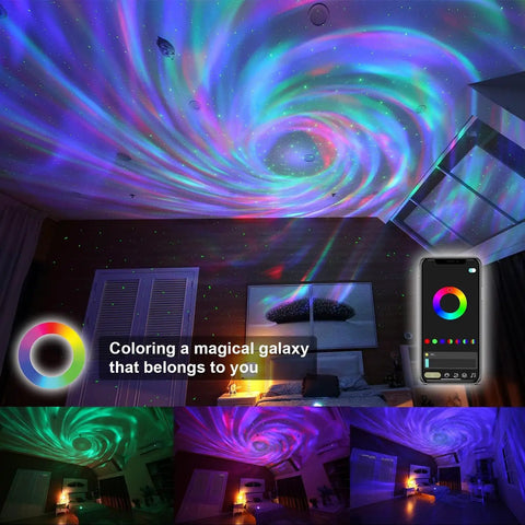 Galaxy Projector Star Lights With Bluetooth Speaker And Remote Barred Spiral Milky Way Night Sky Projector displaying colorful nebulas.