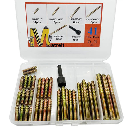 Killer 41 Piece Hanger Bolt Set With 1/4 20 Threads And Assorted One To Three Inch Lengths Pack with driver in clear tub.