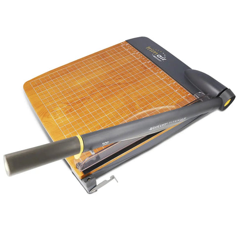 Heavy Duty 12 Inch TrimAir Wood Guillotine Paper Cutter With 30 Sheet Capacity And Titanium Bonded Blade displayed on a table