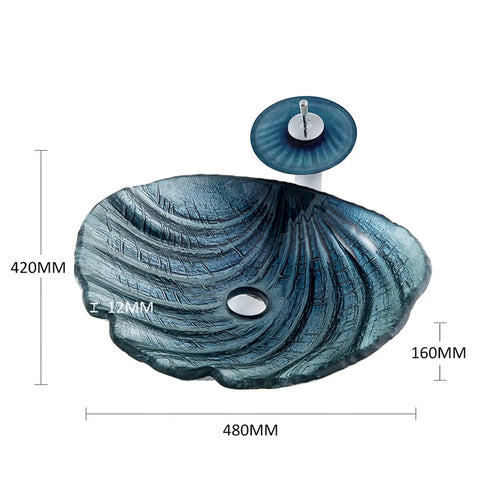Game Changing Shell Shape Vessel Sink With Tempered Glass Bathroom Vanity Basin, 480MM wide, includes adjustable faucet and drain.