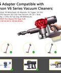 Image showing DW20V6 Vacuum Adapter For Dyson V6 Series And DeWalt 20V Battery with compatible vacuum models illustrated.