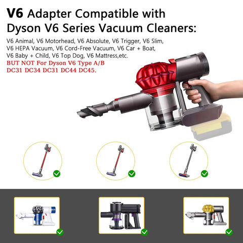 Image showing DW20V6 Vacuum Adapter For Dyson V6 Series And DeWalt 20V Battery with compatible vacuum models illustrated.