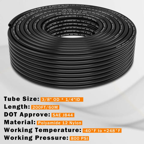 Three Eighths Inch PA12 Nylon DOT Air Line Pneumatic Tubing Two Hundred Feet SAE J844 High Pressure Air Hose For Air Brake Systems