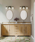 West Village Bath And Vanity Light Fixture In Antique Bronze, Modern Industrial Style, above dual vanity in a bathroom