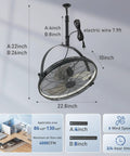Outdoor Ceiling Fan With Light 23 Inch Hanging Fan For Patio And Gazebos 360 Degree Rotatable With Angle Lock 3 CCT Dimmable 6 Speeds Timer Reversible 2 In 1 Hanging Or Standing, showing dimensions and installation features.