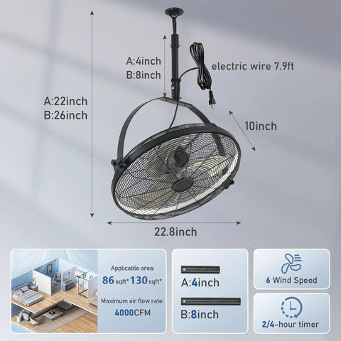 Outdoor Ceiling Fan With Light 23 Inch Hanging Fan For Patio And Gazebos 360 Degree Rotatable With Angle Lock 3 CCT Dimmable 6 Speeds Timer Reversible 2 In 1 Hanging Or Standing, showing dimensions and installation features.