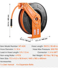 Retractable Air Hose Reel With 100 Foot Rubber Hose Three Eighths Inch 300 Psi Max Auto Rewind Wall Mount Steel Single Arm