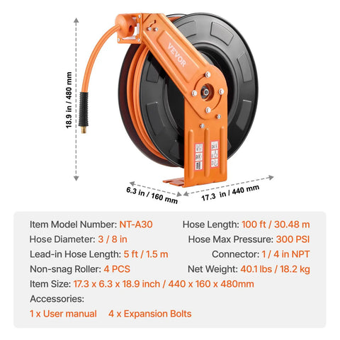 Retractable Air Hose Reel With 100 Foot Rubber Hose Three Eighths Inch 300 Psi Max Auto Rewind Wall Mount Steel Single Arm